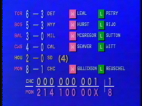 A blue baseball results card listing final scores with winning and losing pitchers, in a character-generator typeface.